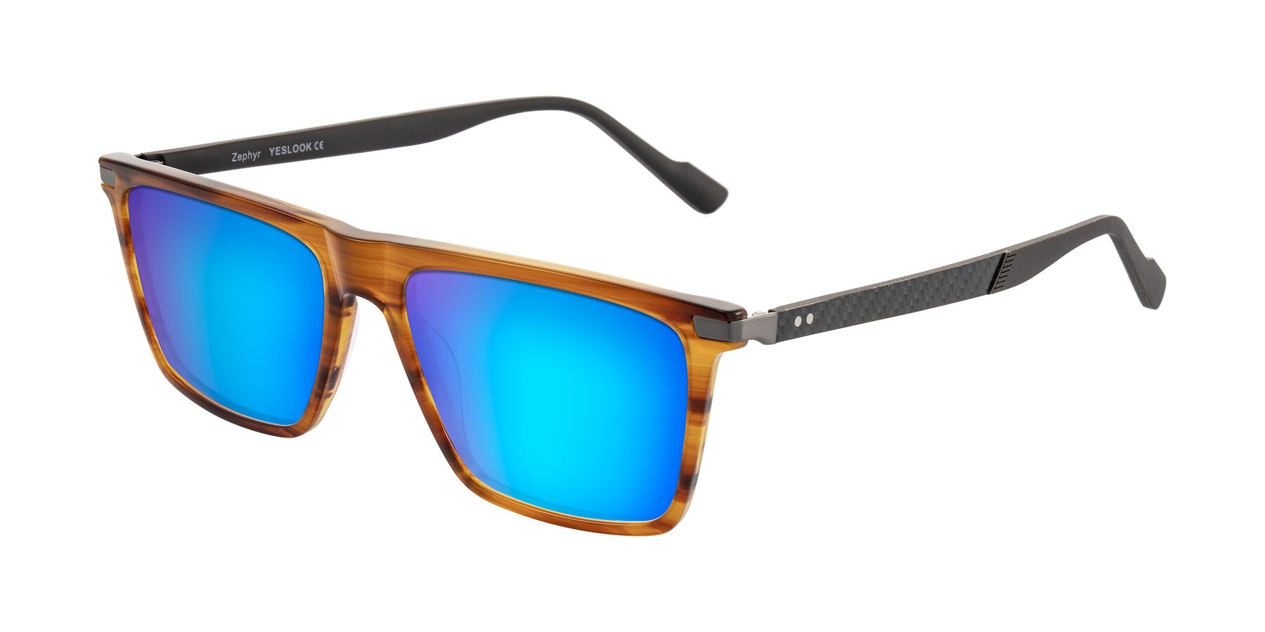 Angle of Zephyr in Amber Striped/Gray with Blue Mirrored Lenses