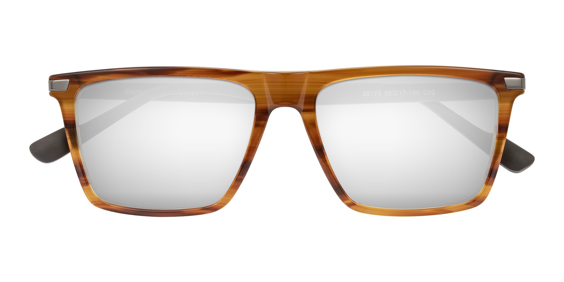 Folded Front of Zephyr in Amber Striped/Gray with Silver Mirrored Lenses