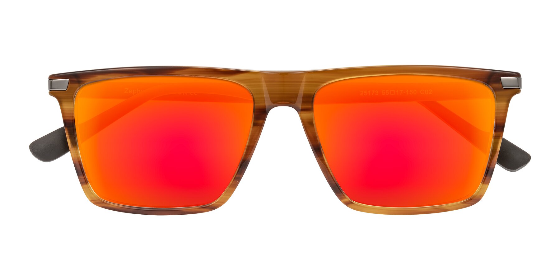 Folded Front of Zephyr in Amber Striped/Gray with Red Gold Mirrored Lenses