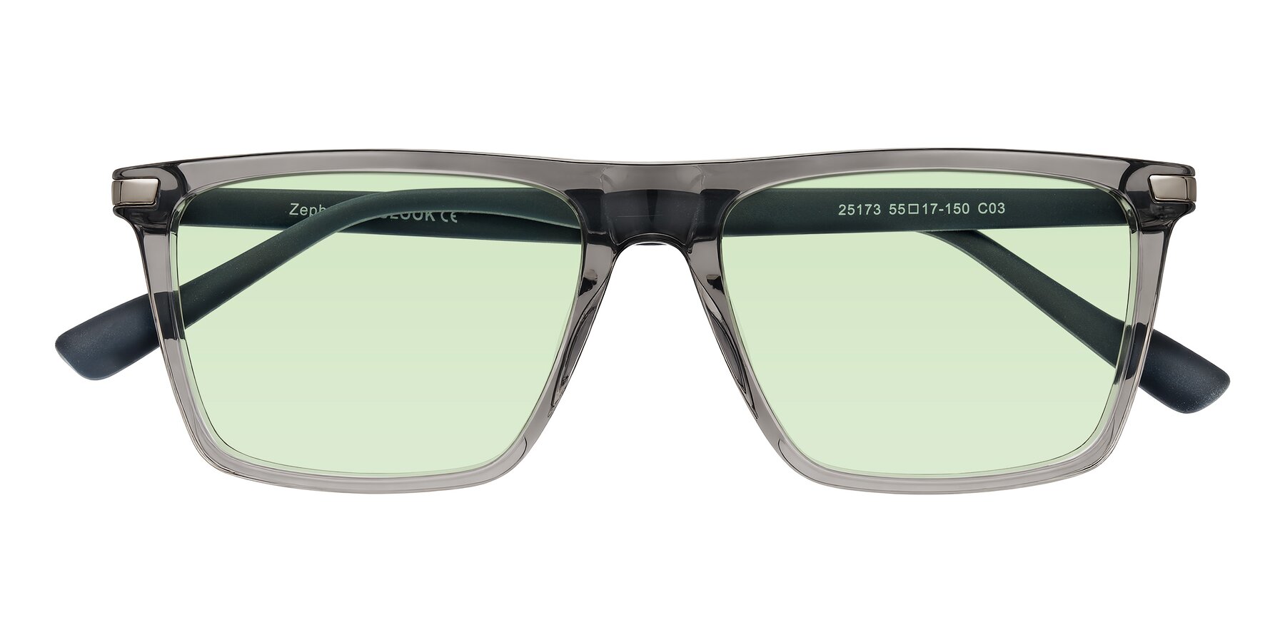Folded Front of Zephyr in Transparent Gray with Light Green Tinted Lenses