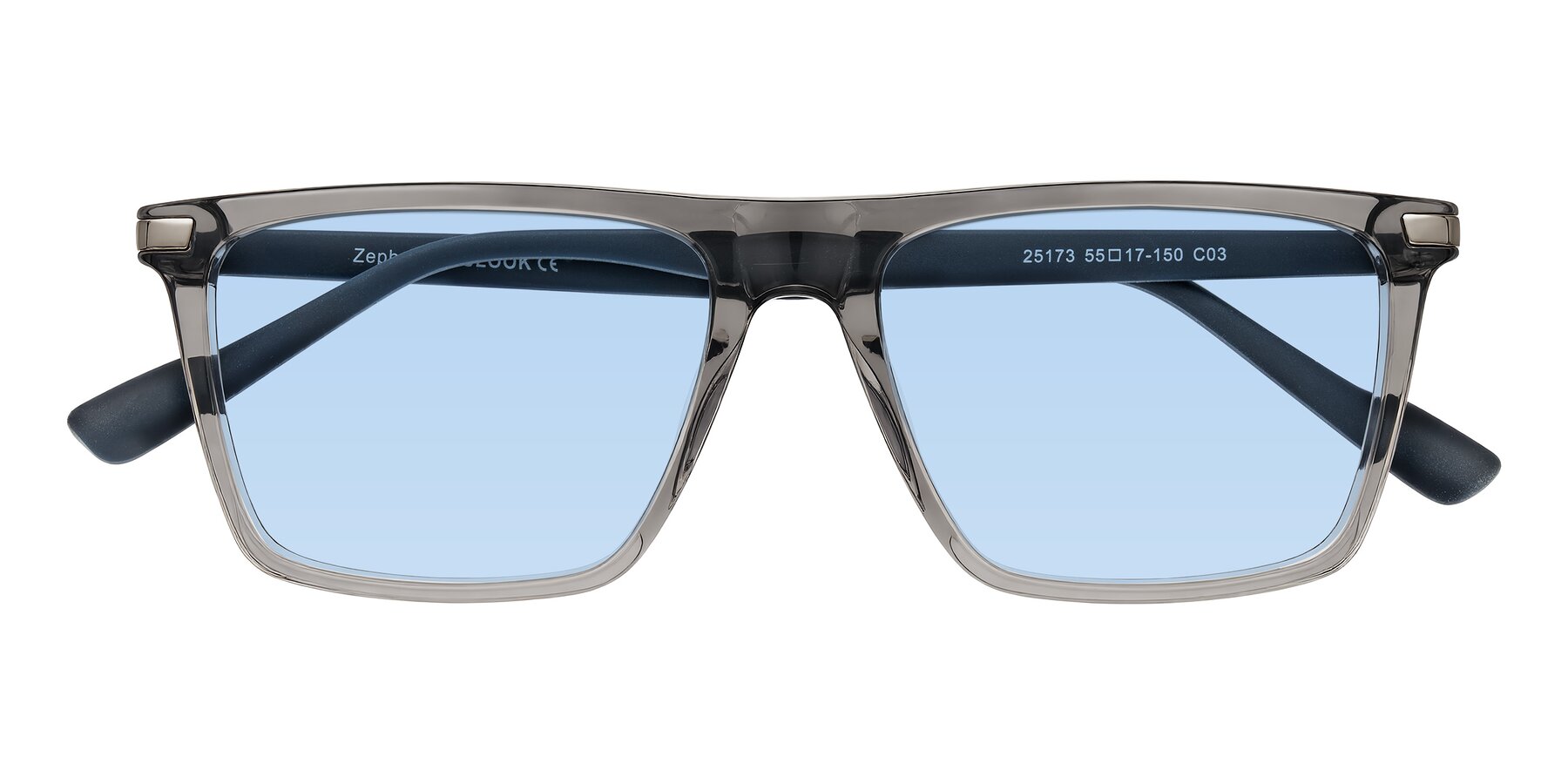 Folded Front of Zephyr in Transparent Gray with Light Blue Tinted Lenses