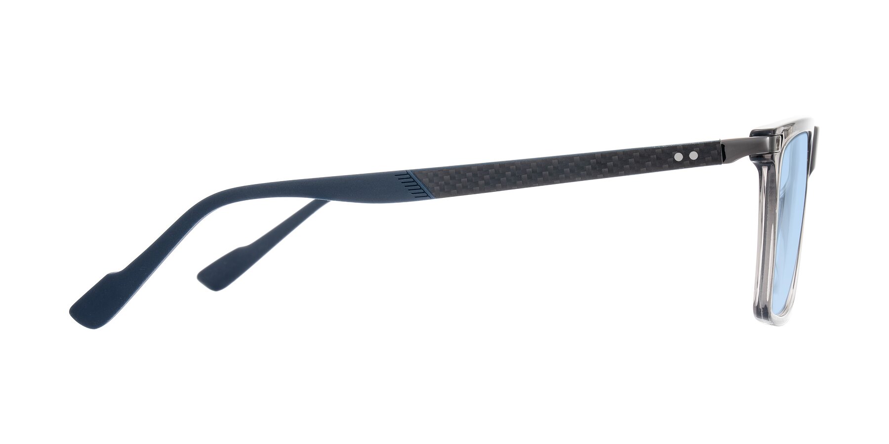 Side of Zephyr in Transparent Gray with Light Blue Tinted Lenses