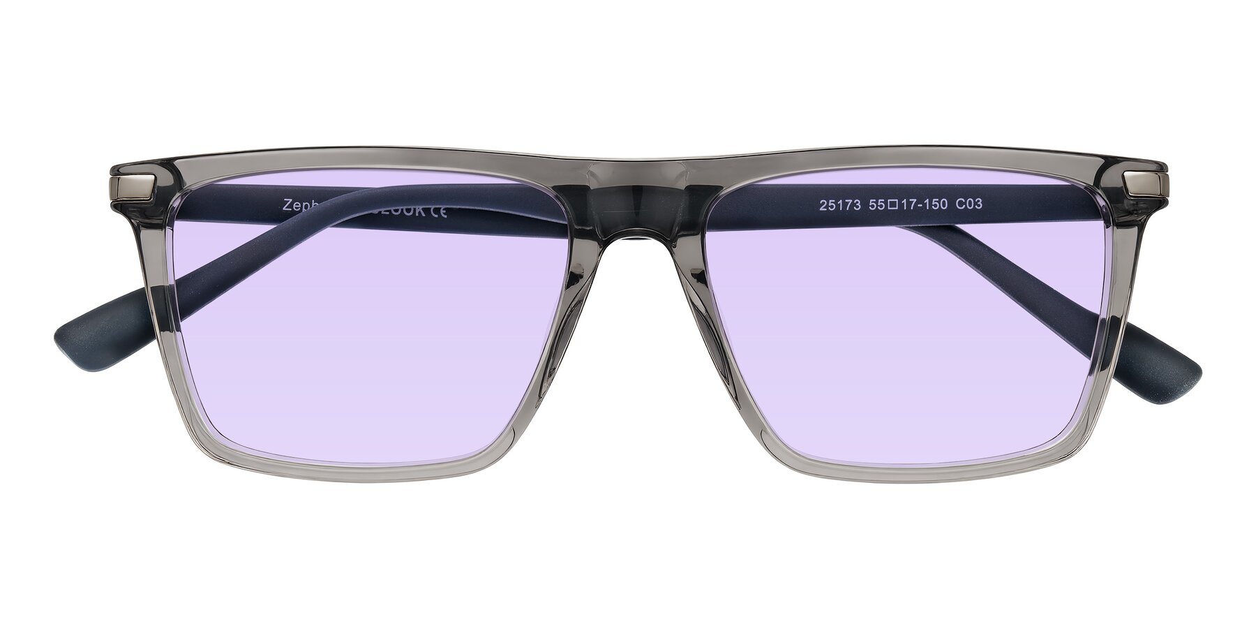 Folded Front of Zephyr in Transparent Gray with Light Purple Tinted Lenses