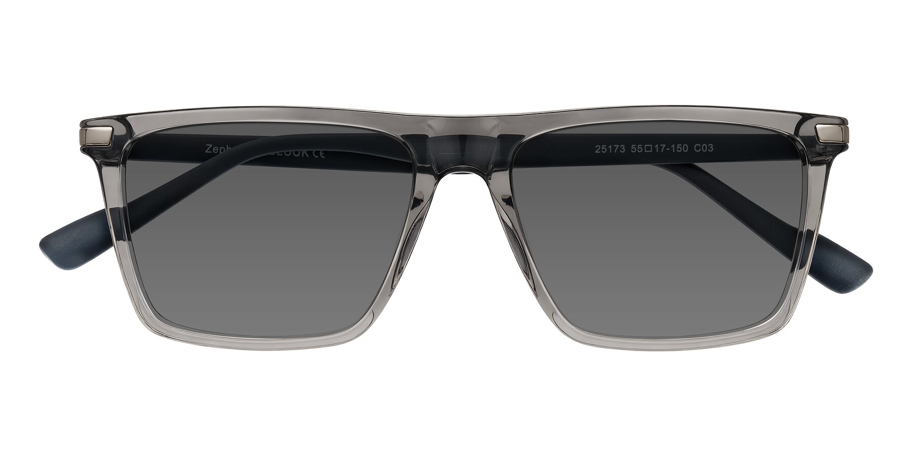 Folded Front of Zephyr in Transparent Gray with Medium Gray Tinted Lenses