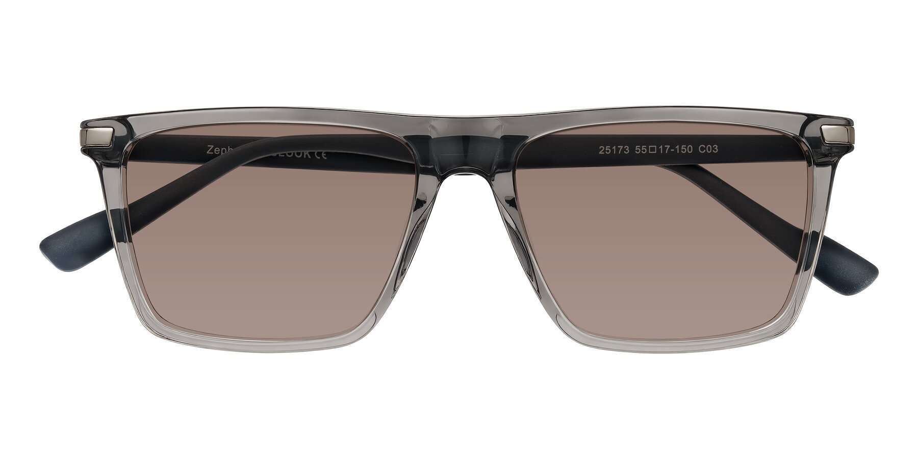 Folded Front of Zephyr in Transparent Gray with Medium Brown Tinted Lenses