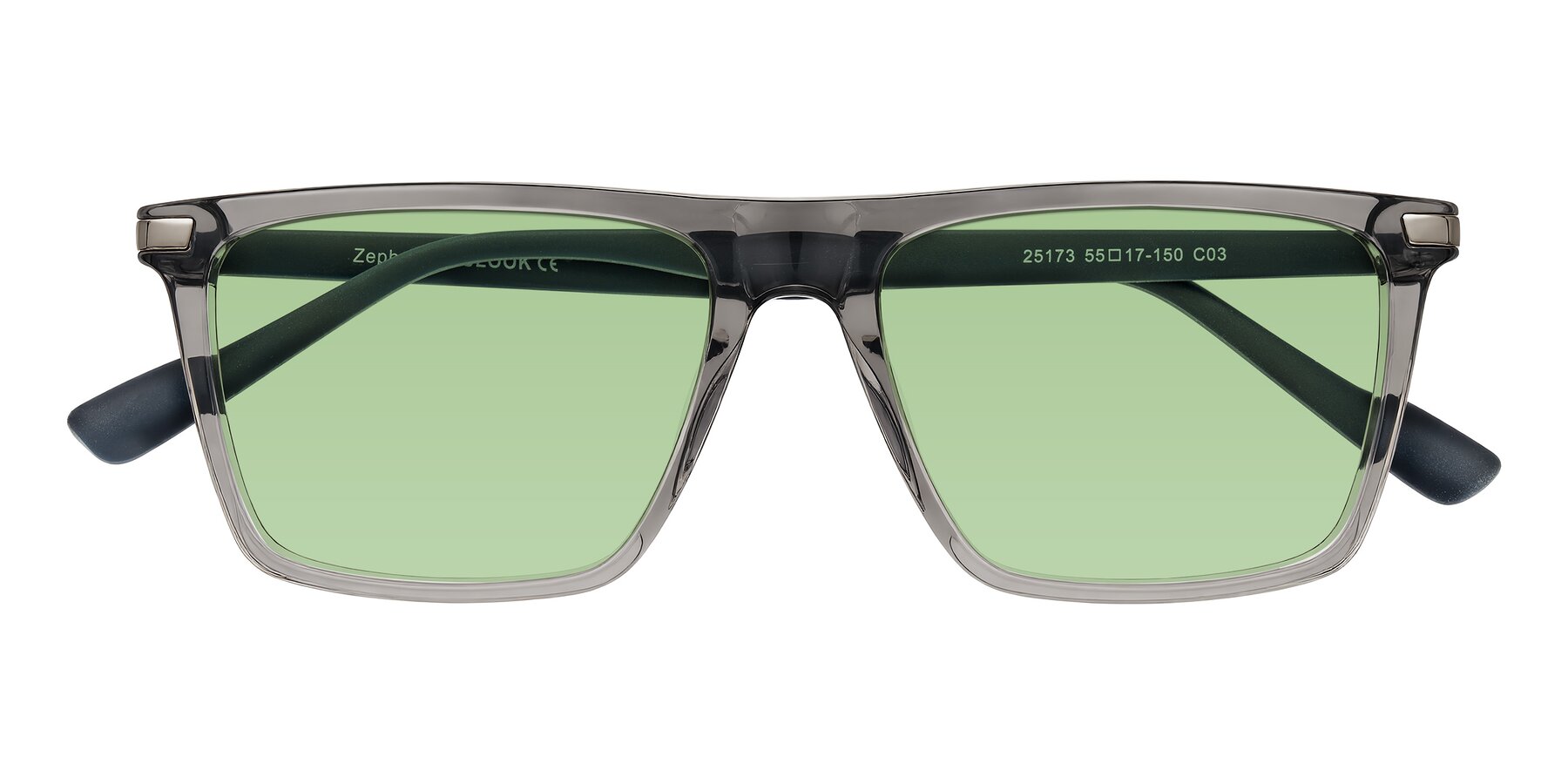 Folded Front of Zephyr in Transparent Gray with Medium Green Tinted Lenses