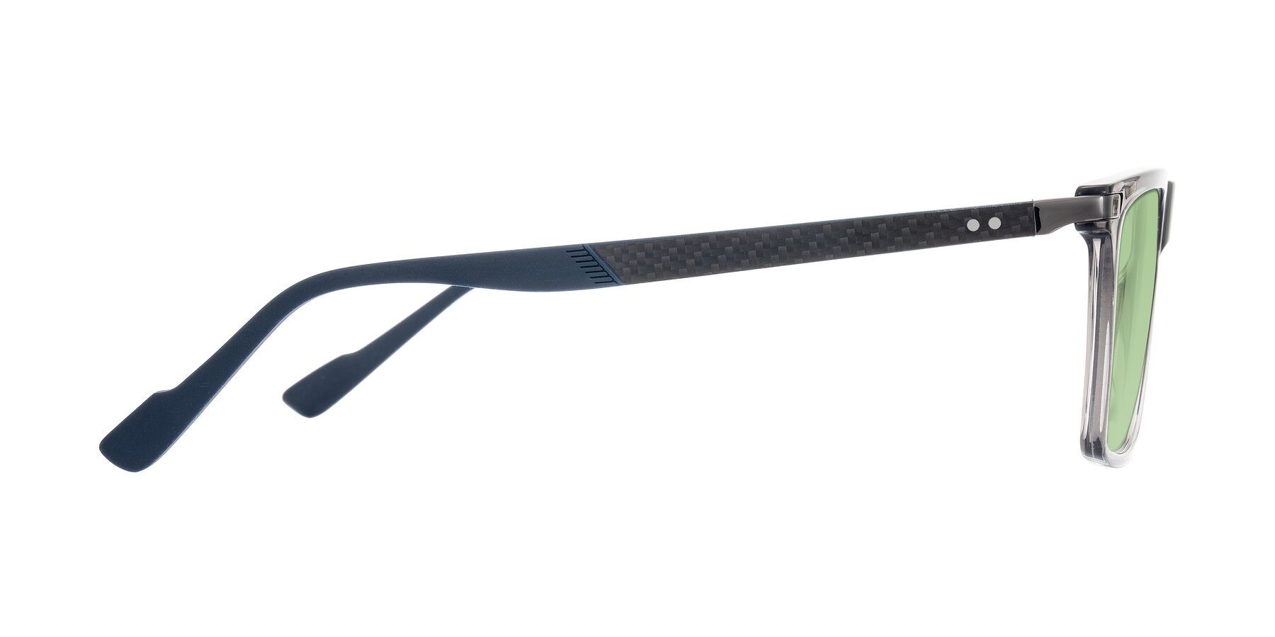 Side of Zephyr in Transparent Gray with Medium Green Tinted Lenses