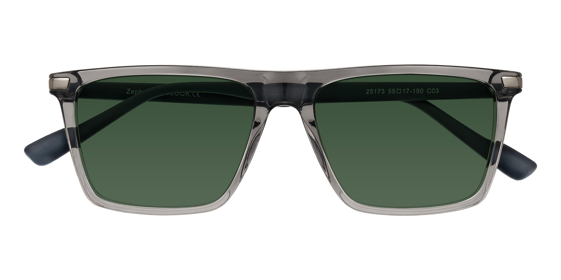 Folded Front of Zephyr in Transparent Gray with Green Tinted Lenses