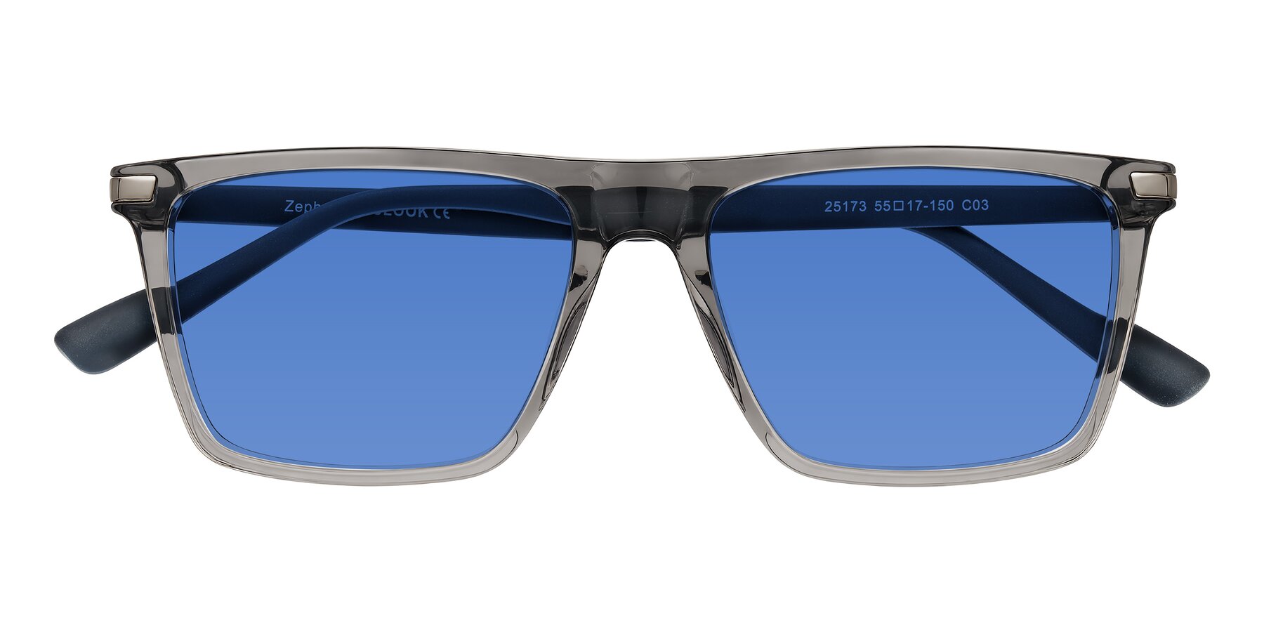 Folded Front of Zephyr in Transparent Gray with Blue Tinted Lenses