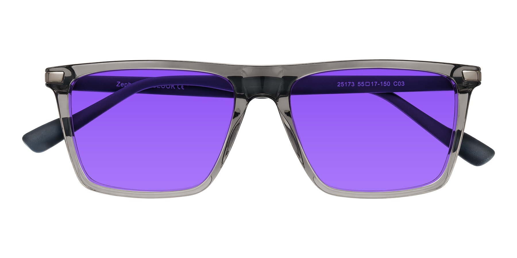 Folded Front of Zephyr in Transparent Gray with Purple Tinted Lenses