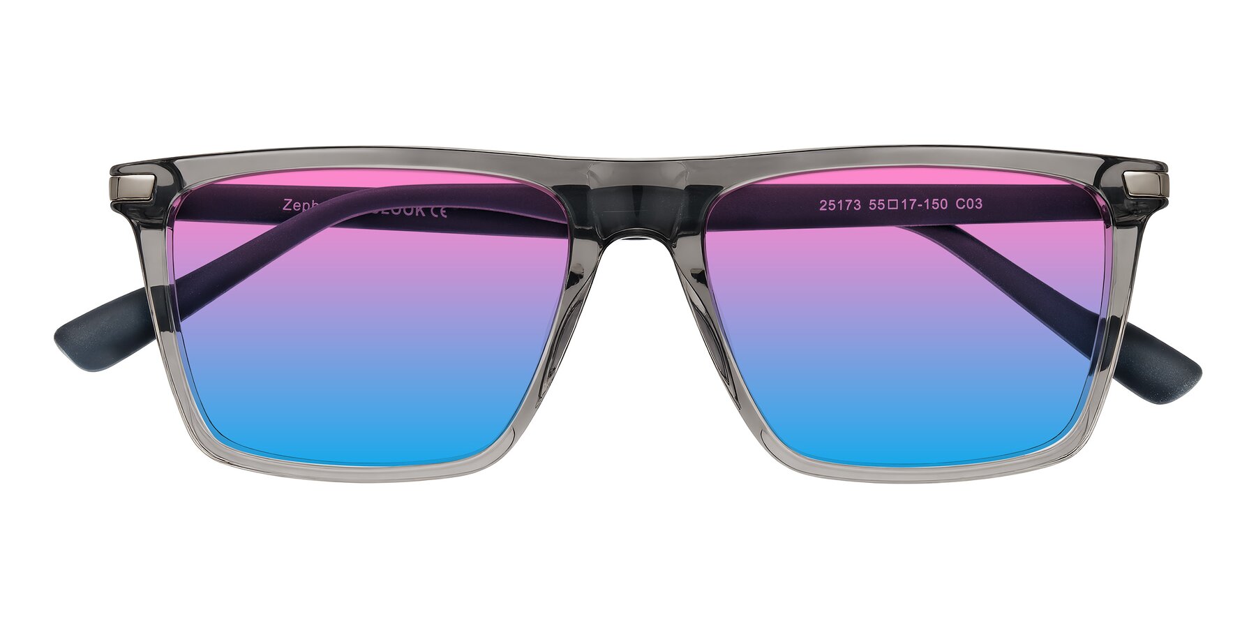 Folded Front of Zephyr in Transparent Gray with Pink / Blue Gradient Lenses
