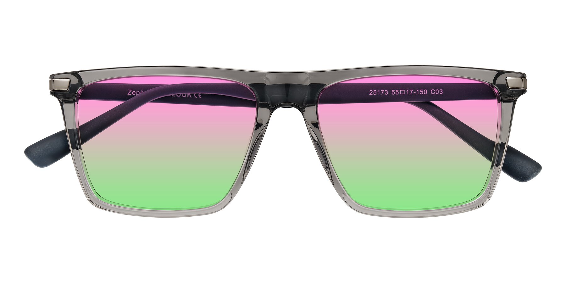 Folded Front of Zephyr in Transparent Gray with Pink / Green Gradient Lenses