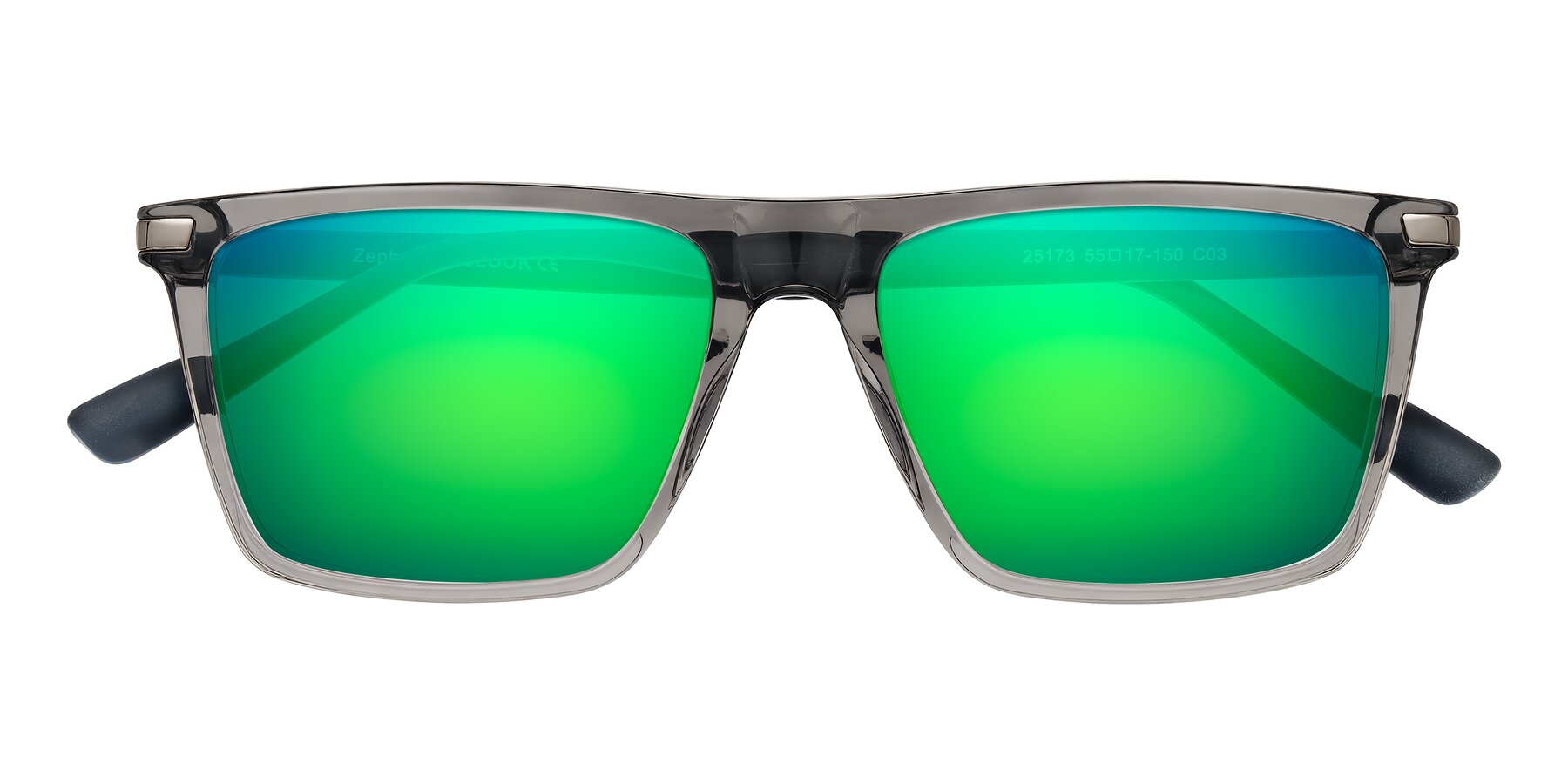 Folded Front of Zephyr in Transparent Gray with Green Mirrored Lenses