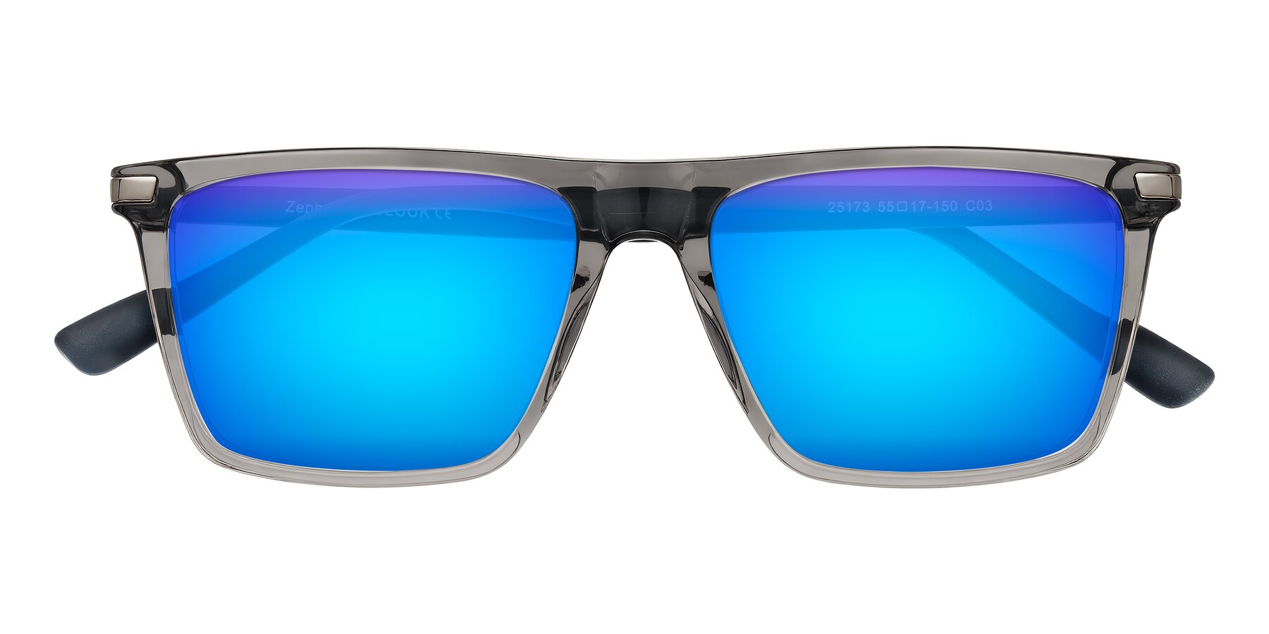 Folded Front of Zephyr in Transparent Gray with Blue Mirrored Lenses
