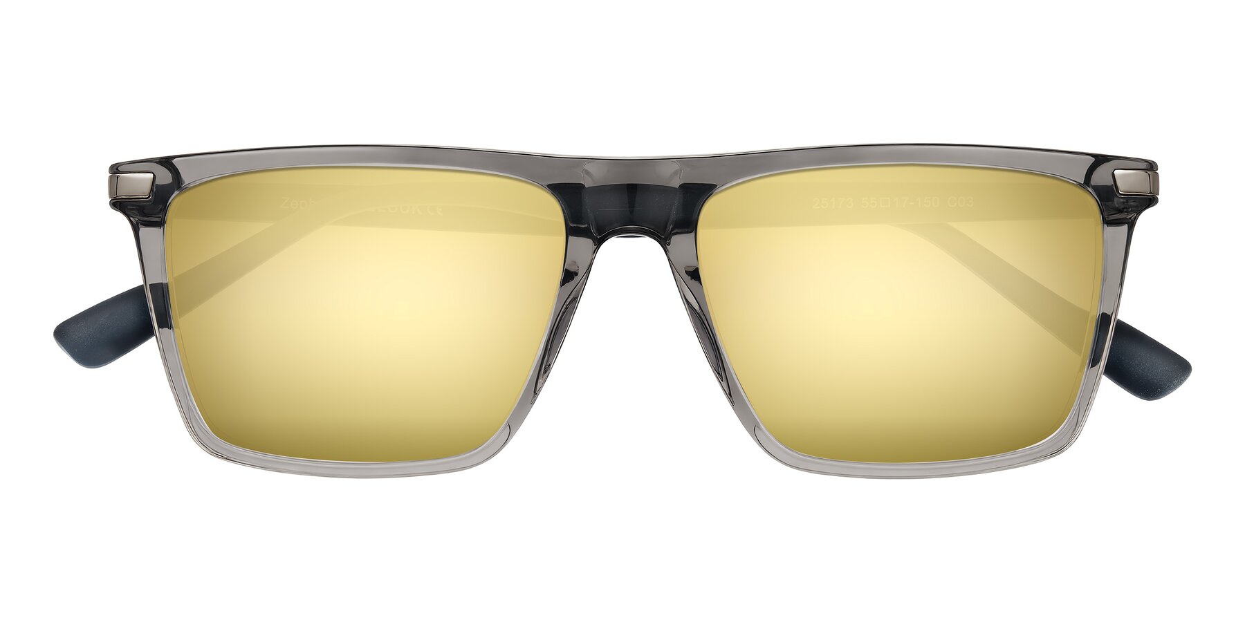 Folded Front of Zephyr in Transparent Gray with Gold Mirrored Lenses