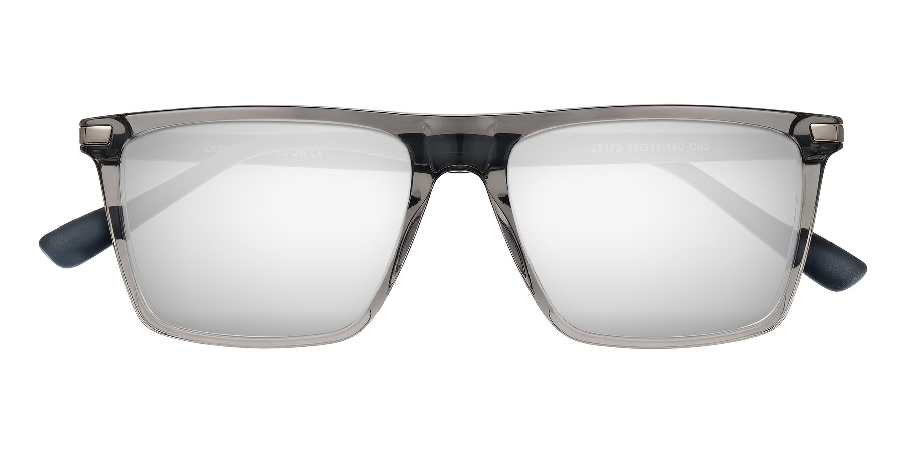 Folded Front of Zephyr in Transparent Gray with Silver Mirrored Lenses