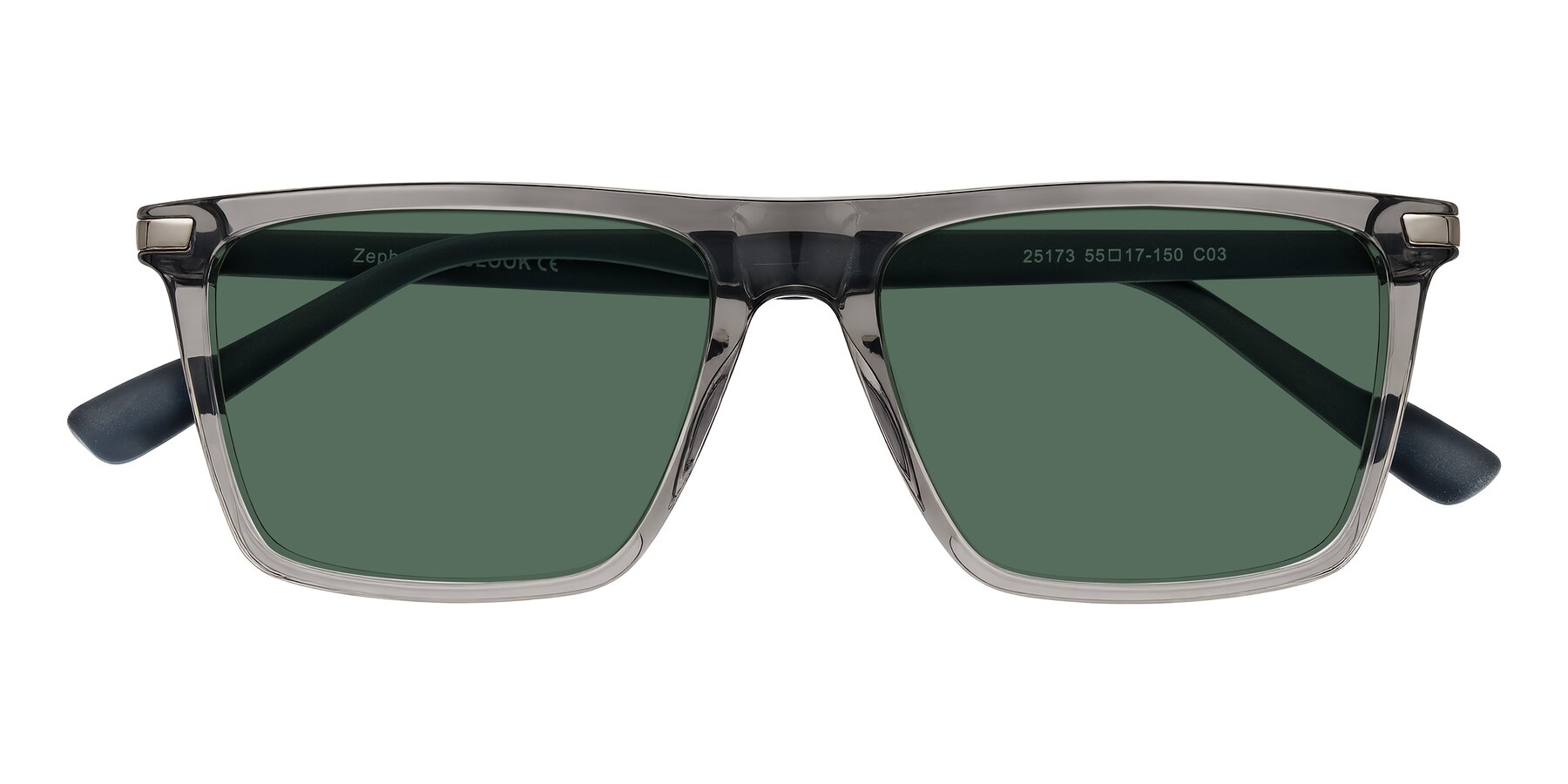 Folded Front of Zephyr in Transparent Gray with Green Polarized Lenses