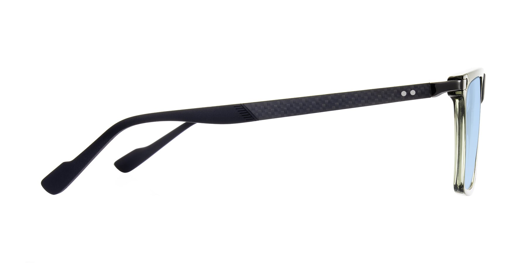 Side of Zephyr in Transparent Green/Black with Light Blue Tinted Lenses