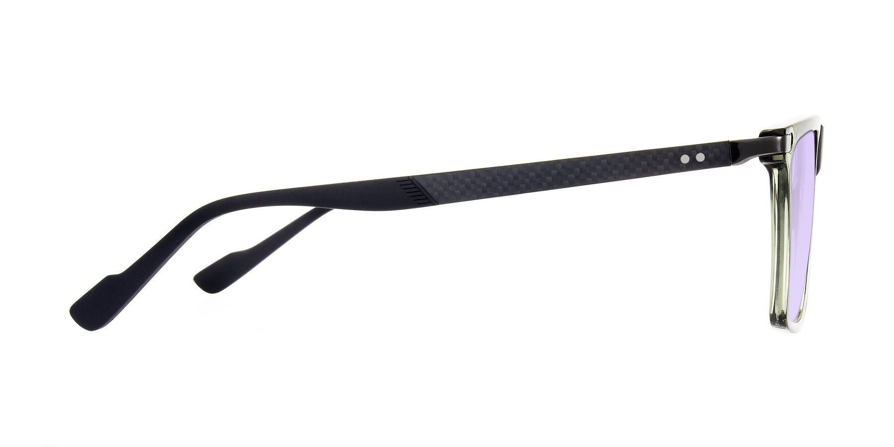 Side of Zephyr in Transparent Green/Black with Light Purple Tinted Lenses