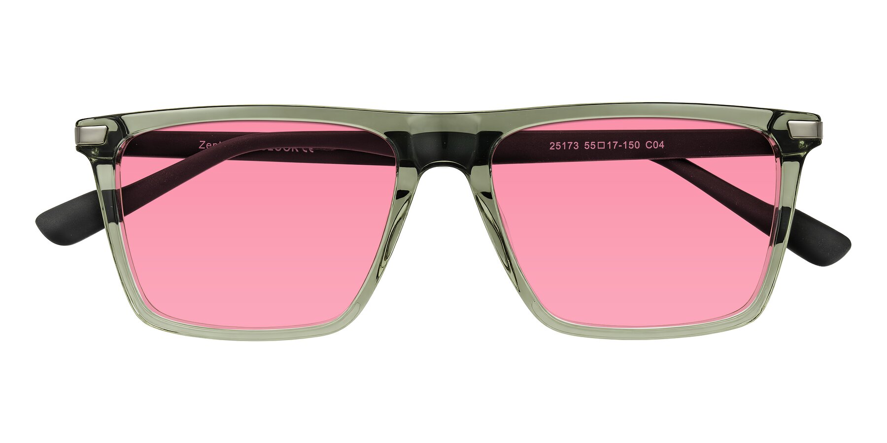 Folded Front of Zephyr in Transparent Green/Black with Pink Tinted Lenses