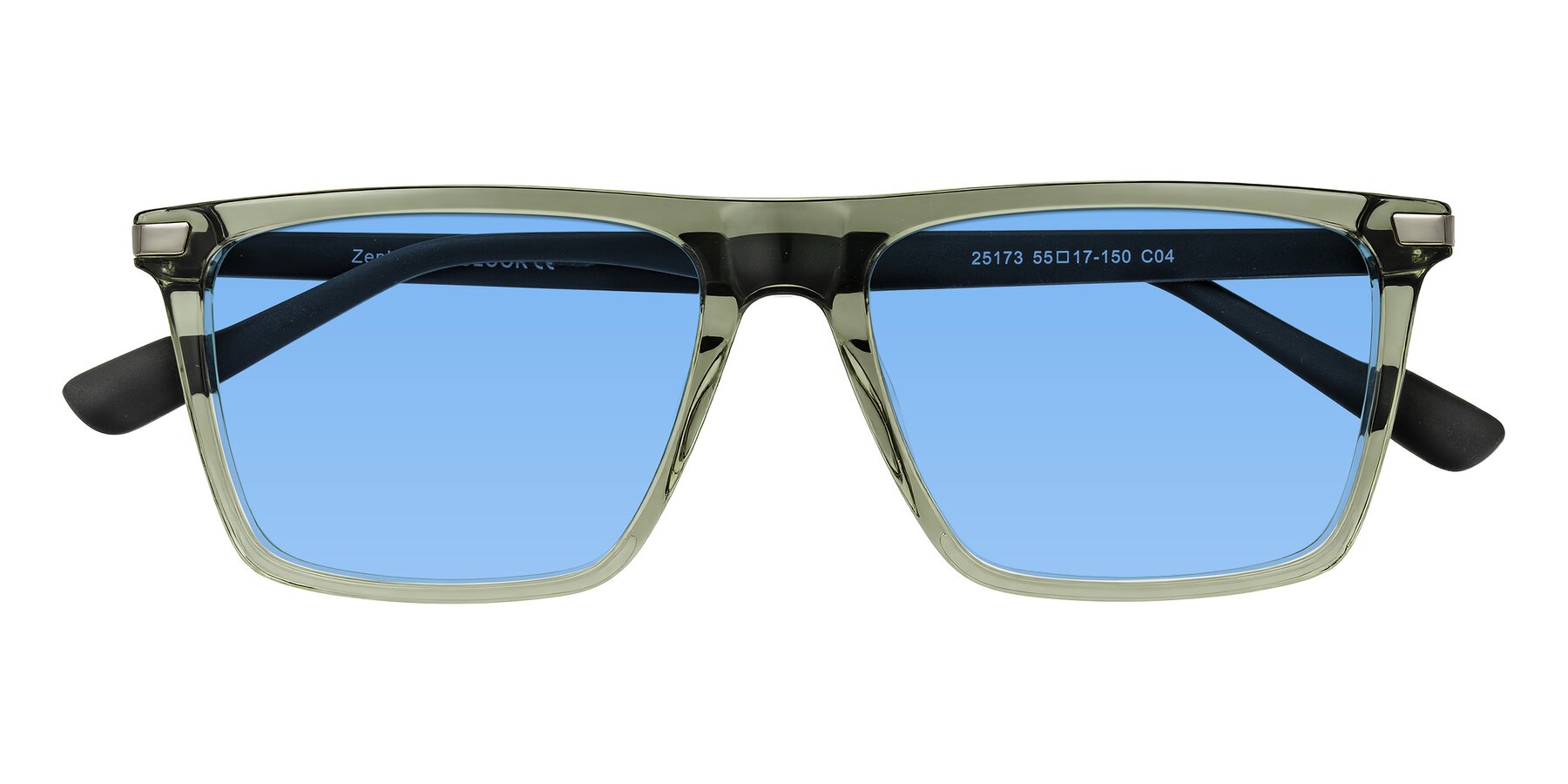 Folded Front of Zephyr in Transparent Green/Black with Medium Blue Tinted Lenses