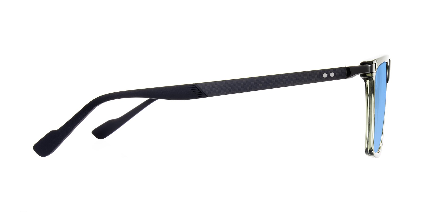 Side of Zephyr in Transparent Green/Black with Medium Blue Tinted Lenses