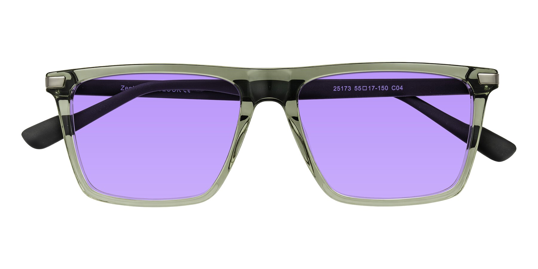 Folded Front of Zephyr in Transparent Green/Black with Medium Purple Tinted Lenses