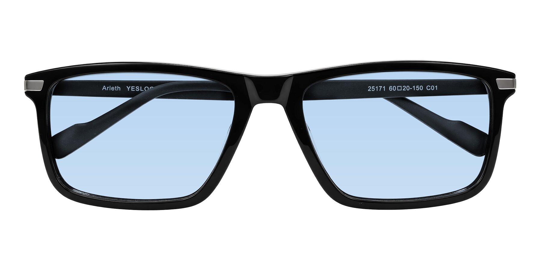 Folded Front of Arleth in Black with Light Blue Tinted Lenses