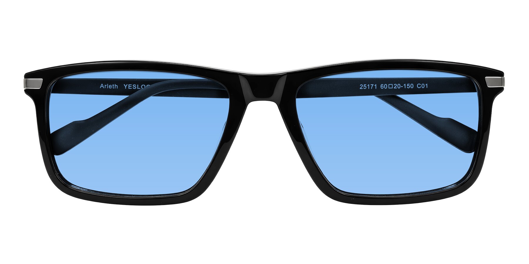 Folded Front of Arleth in Black with Medium Blue Tinted Lenses