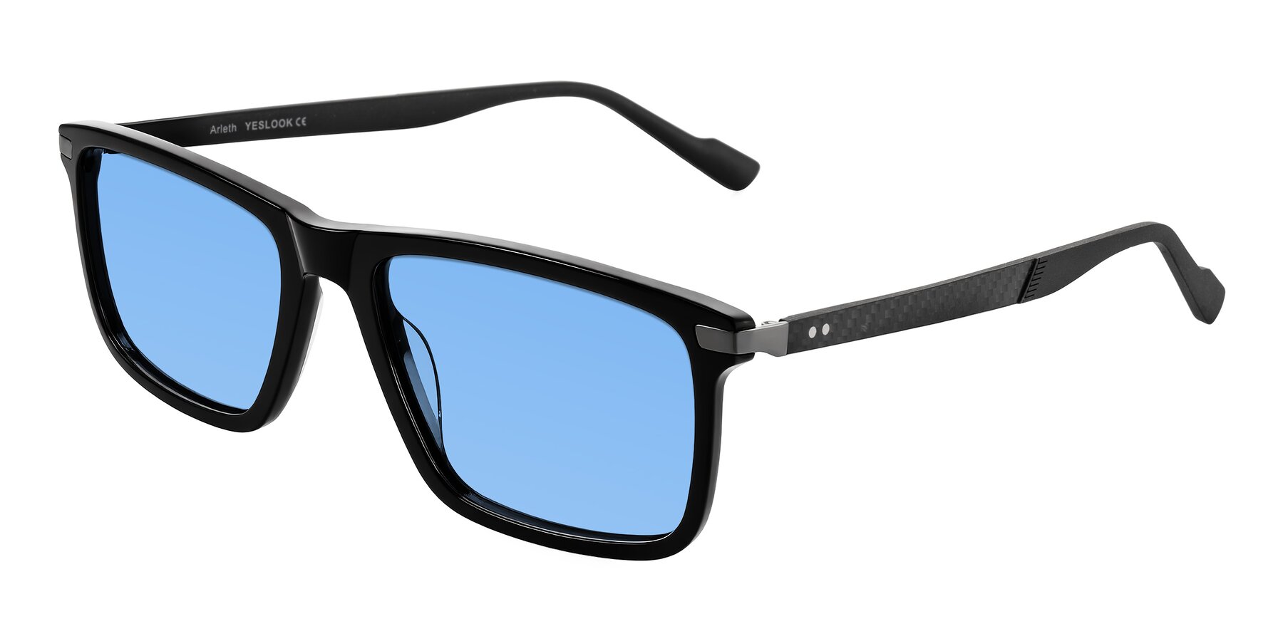 Angle of Arleth in Black with Medium Blue Tinted Lenses