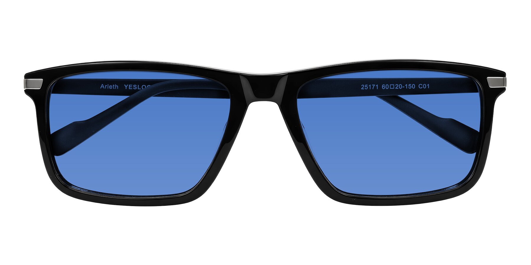 Folded Front of Arleth in Black with Blue Tinted Lenses