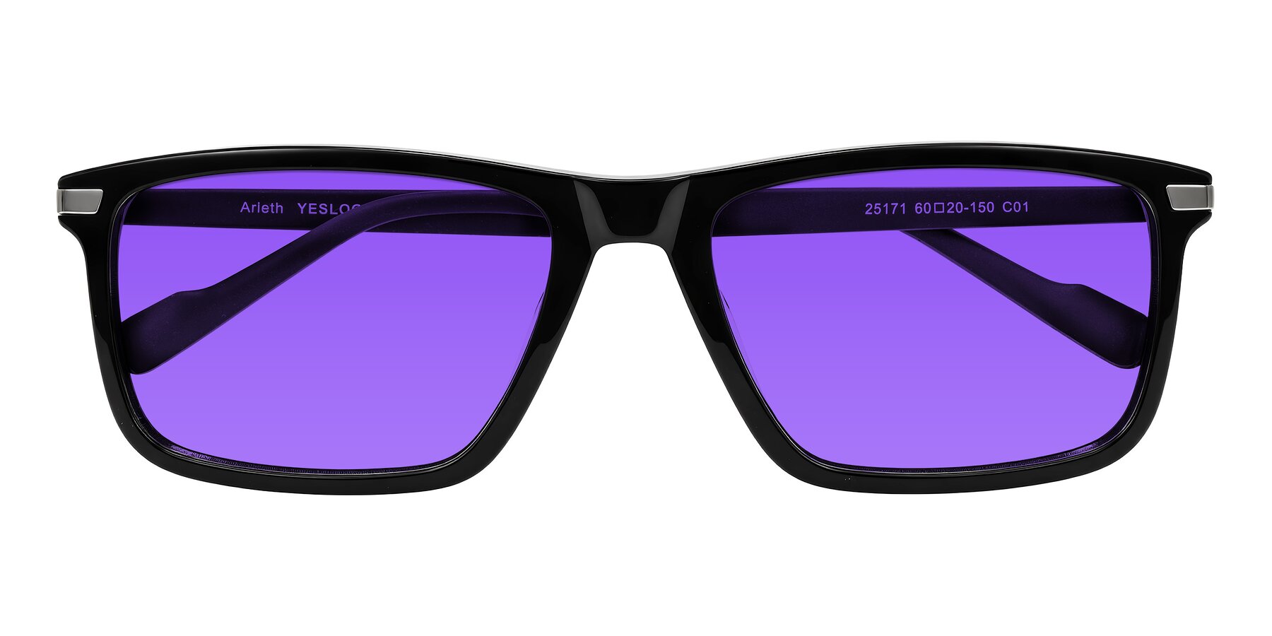 Folded Front of Arleth in Black with Purple Tinted Lenses