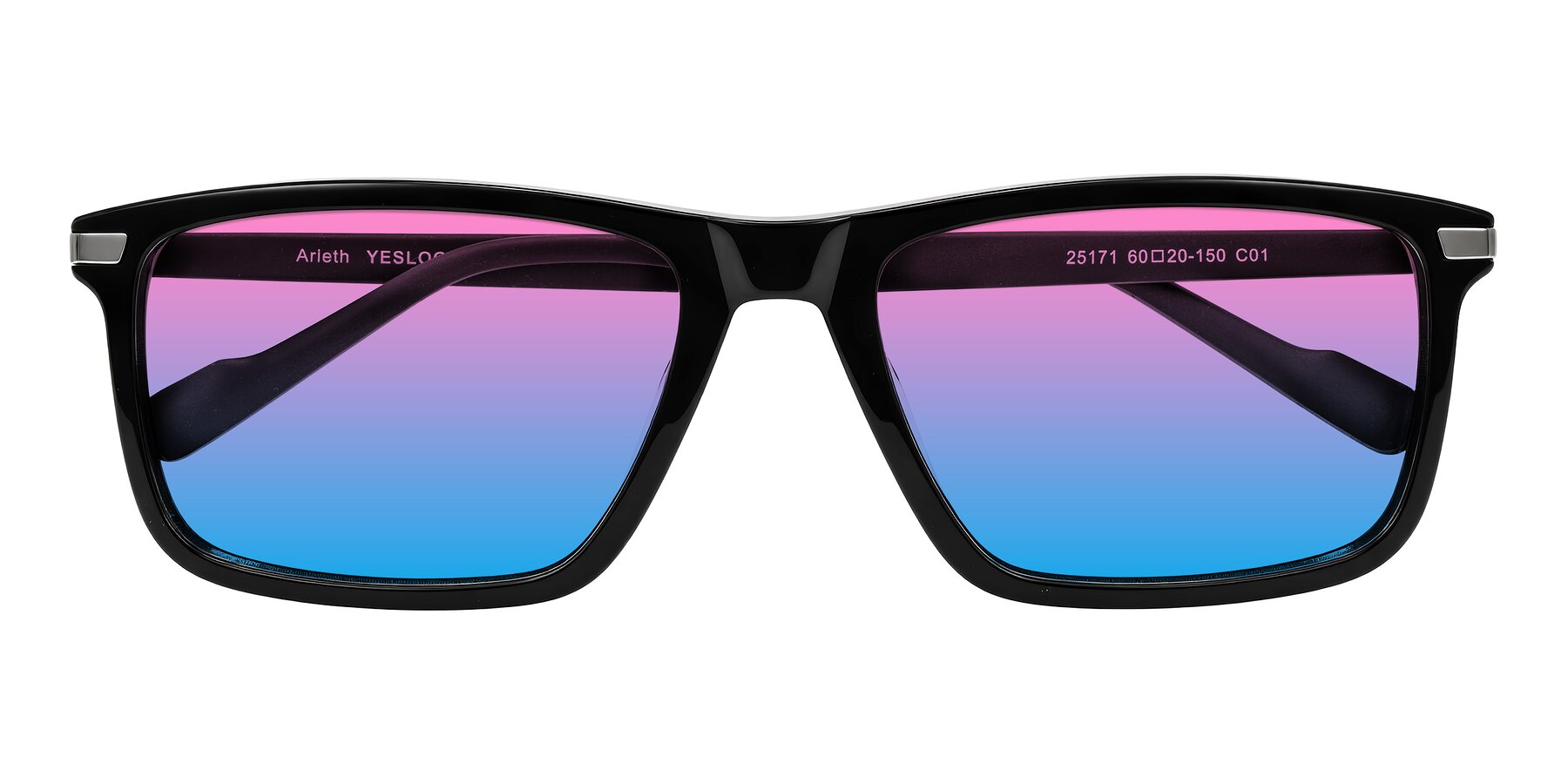 Folded Front of Arleth in Black with Pink / Blue Gradient Lenses
