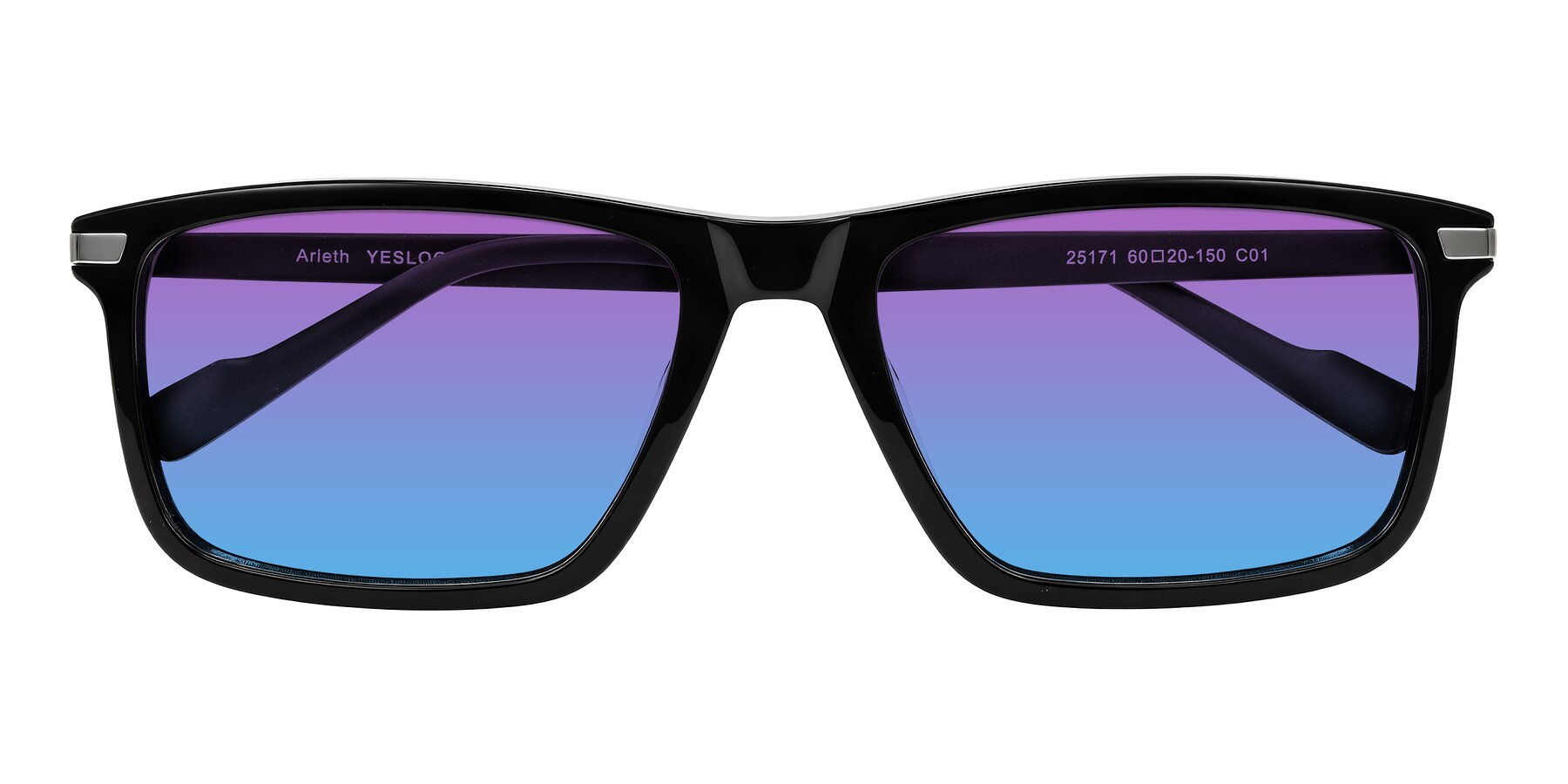 Folded Front of Arleth in Black with Purple / Blue Gradient Lenses