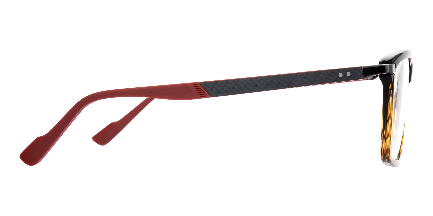 Side of Arleth in Gradient Brown Striped/Red with Clear Eyeglass Lenses