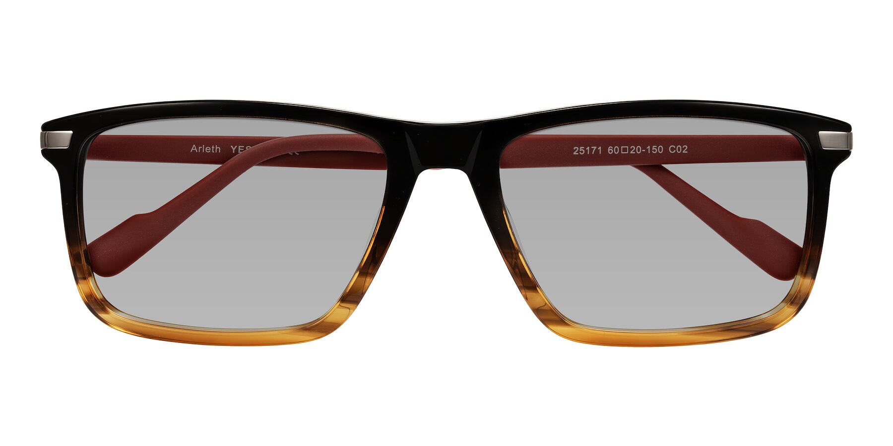 Folded Front of Arleth in Gradient Brown Striped/Red with Light Gray Tinted Lenses