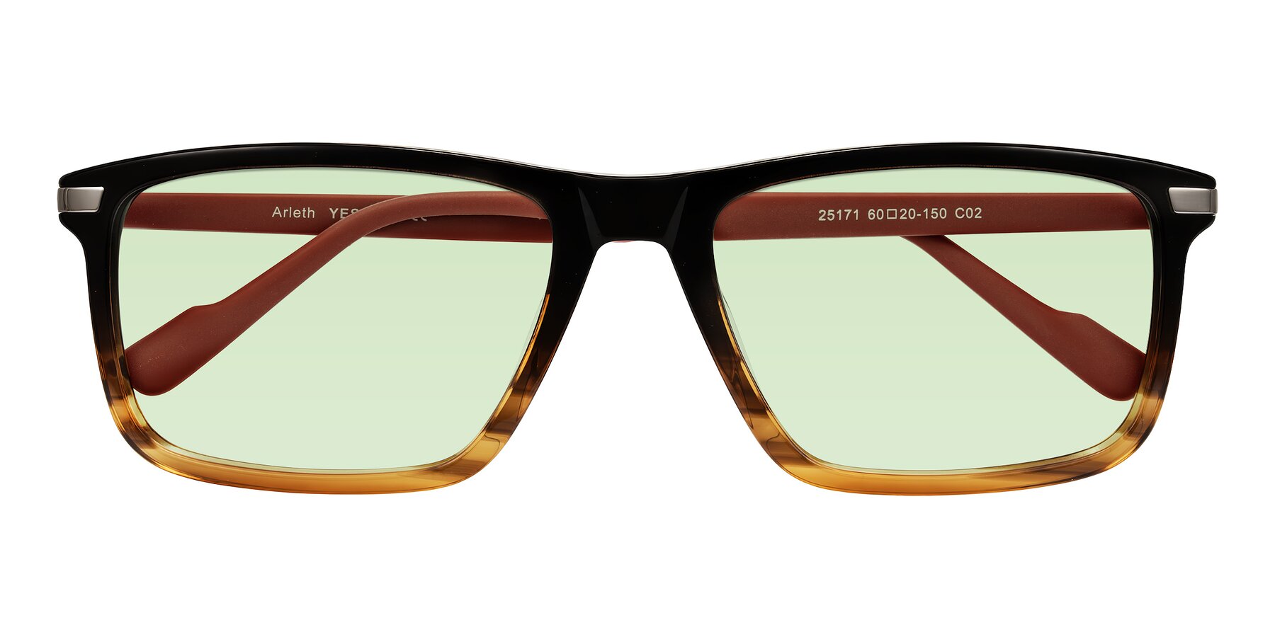 Folded Front of Arleth in Gradient Brown Striped/Red with Light Green Tinted Lenses