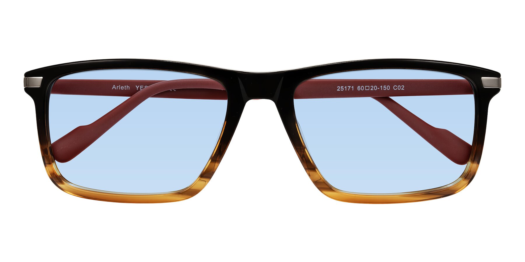 Folded Front of Arleth in Gradient Brown Striped/Red with Light Blue Tinted Lenses