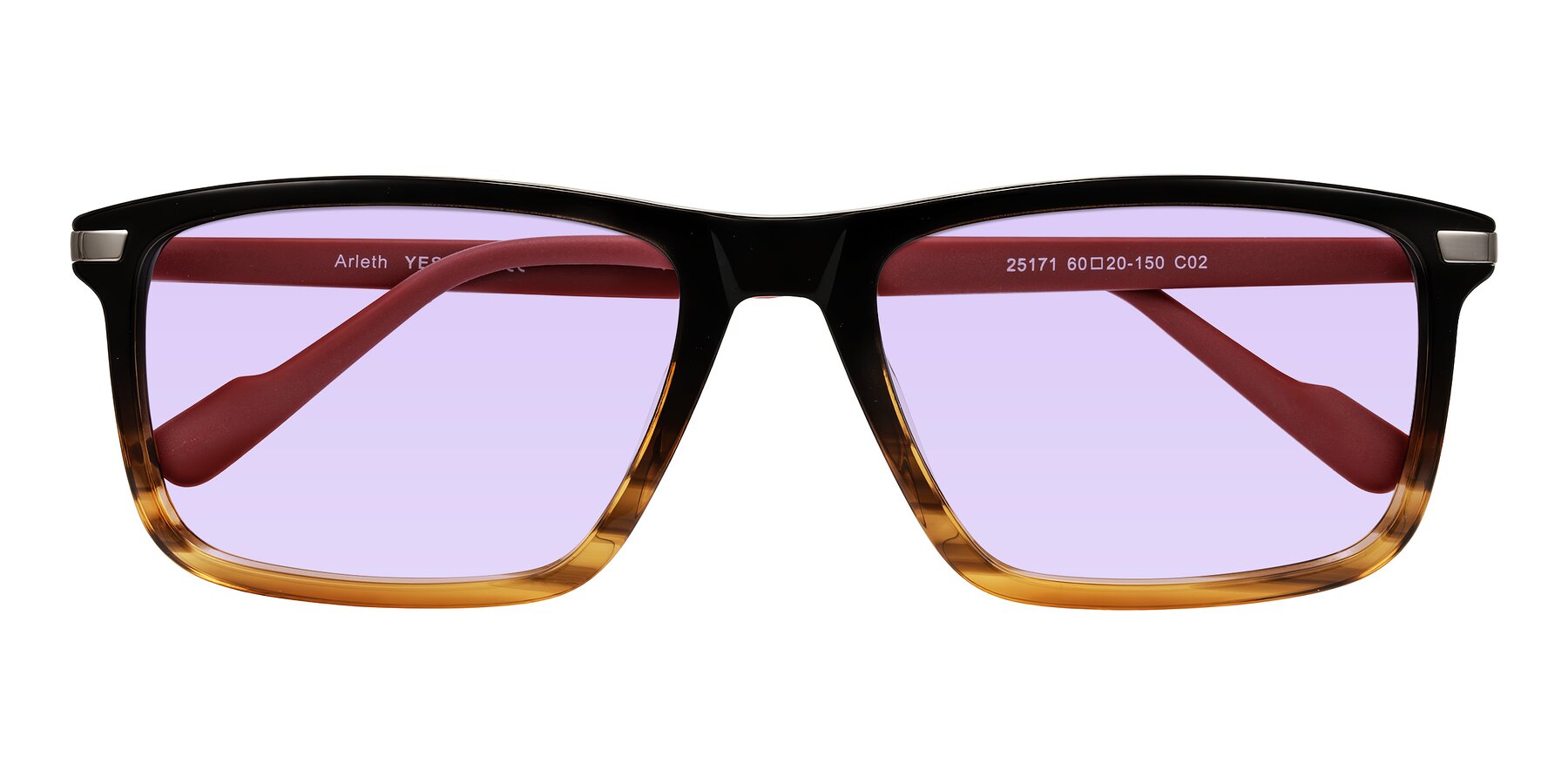 Folded Front of Arleth in Gradient Brown Striped/Red with Light Purple Tinted Lenses