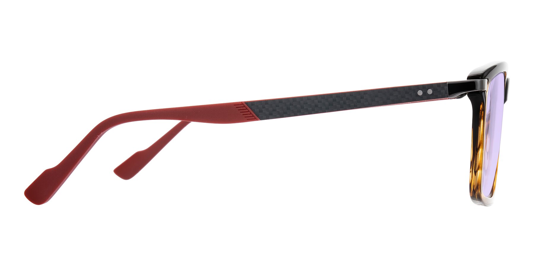 Side of Arleth in Gradient Brown Striped/Red with Light Purple Tinted Lenses