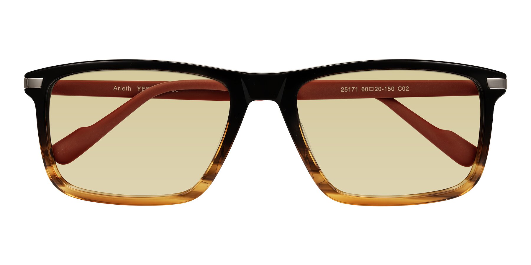 Folded Front of Arleth in Gradient Brown Striped/Red with Light Champagne Tinted Lenses