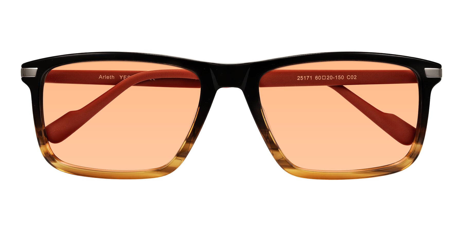 Folded Front of Arleth in Gradient Brown Striped/Red with Light Orange Tinted Lenses