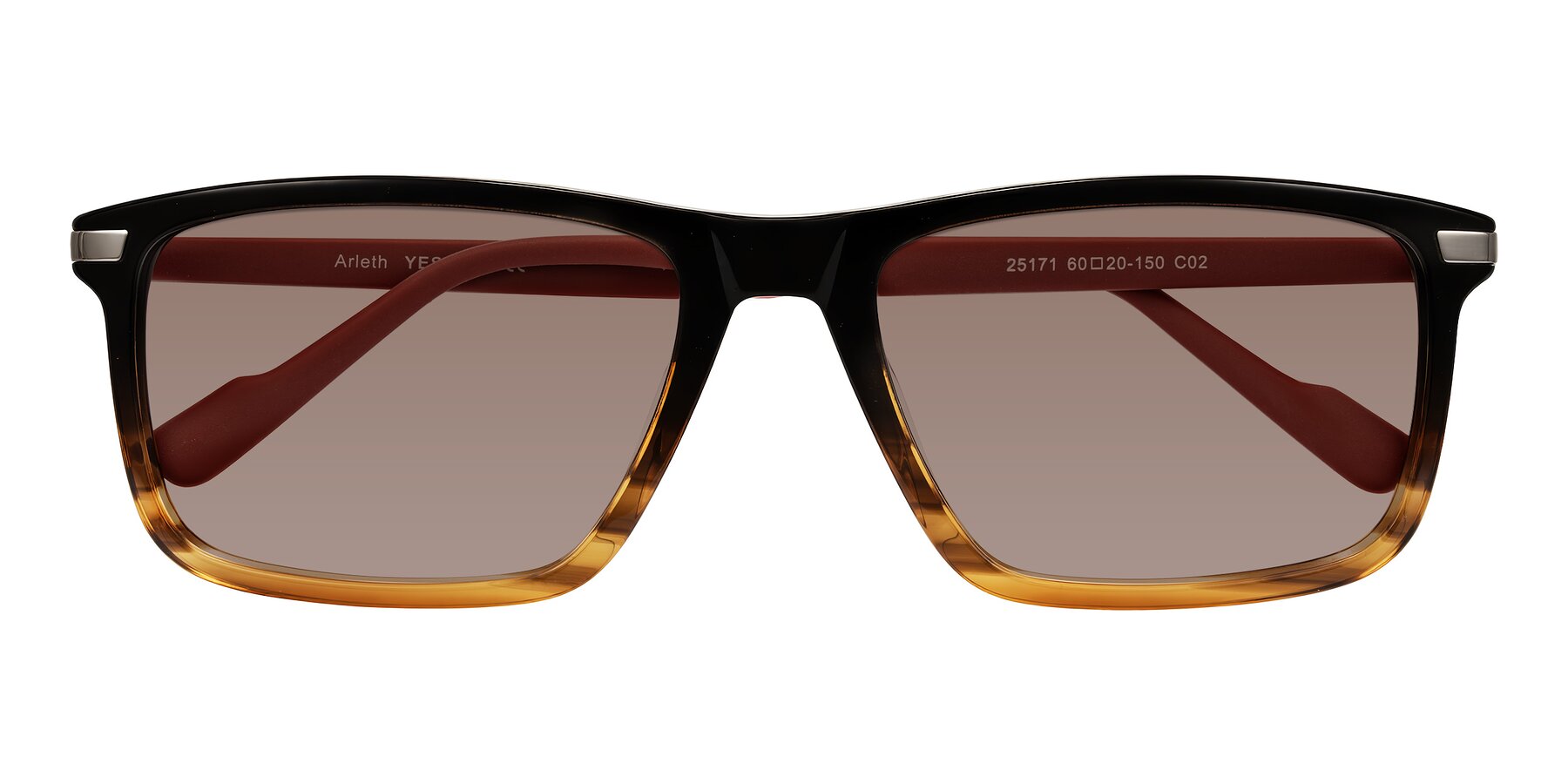 Folded Front of Arleth in Gradient Brown Striped/Red with Medium Brown Tinted Lenses
