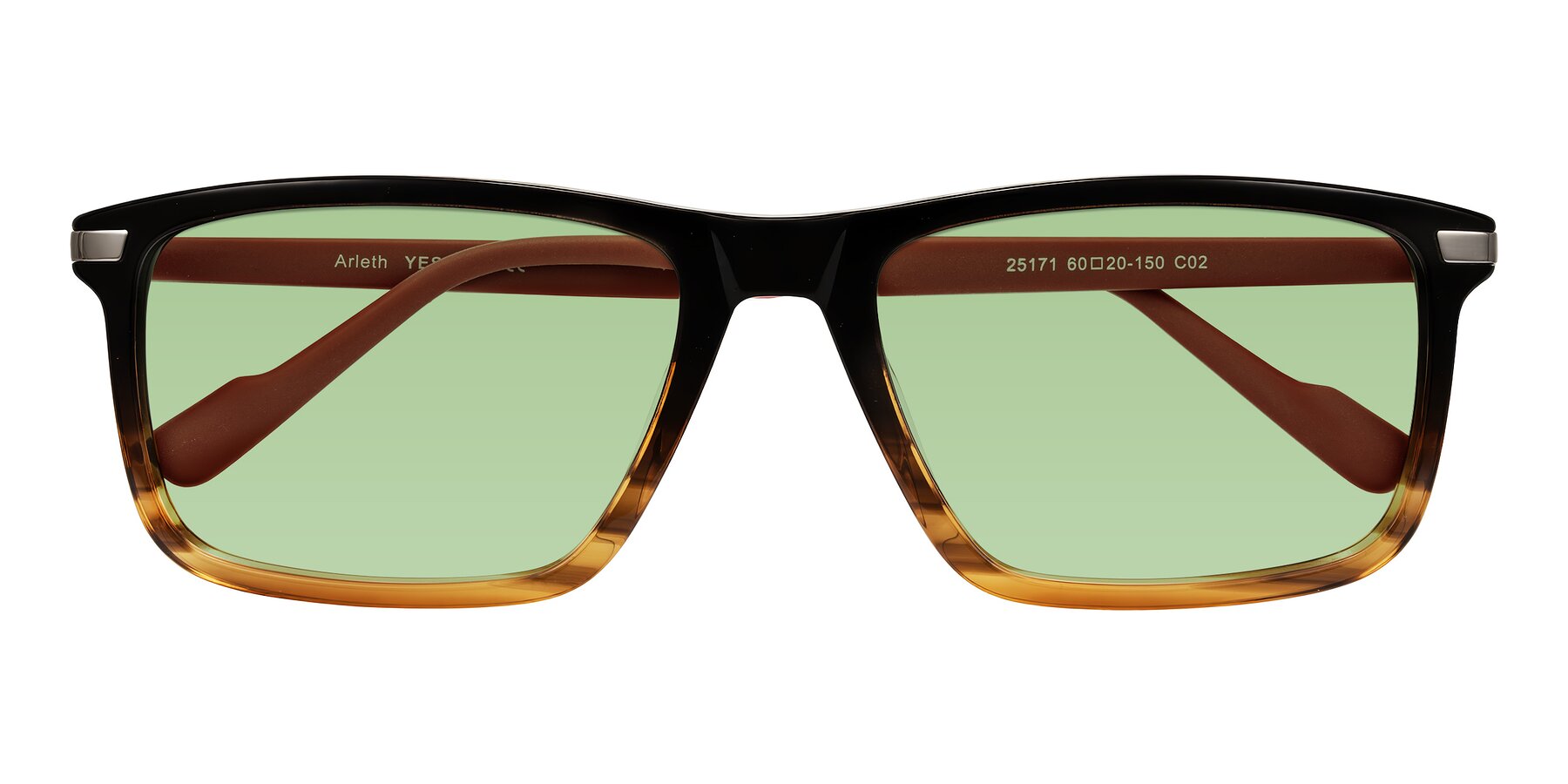 Folded Front of Arleth in Gradient Brown Striped/Red with Medium Green Tinted Lenses