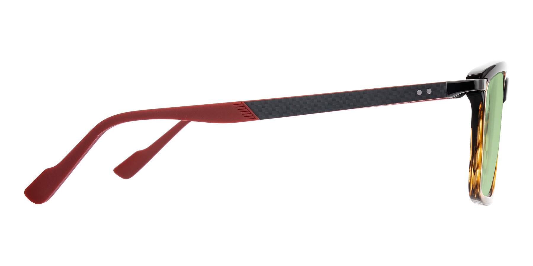 Side of Arleth in Gradient Brown Striped/Red with Medium Green Tinted Lenses