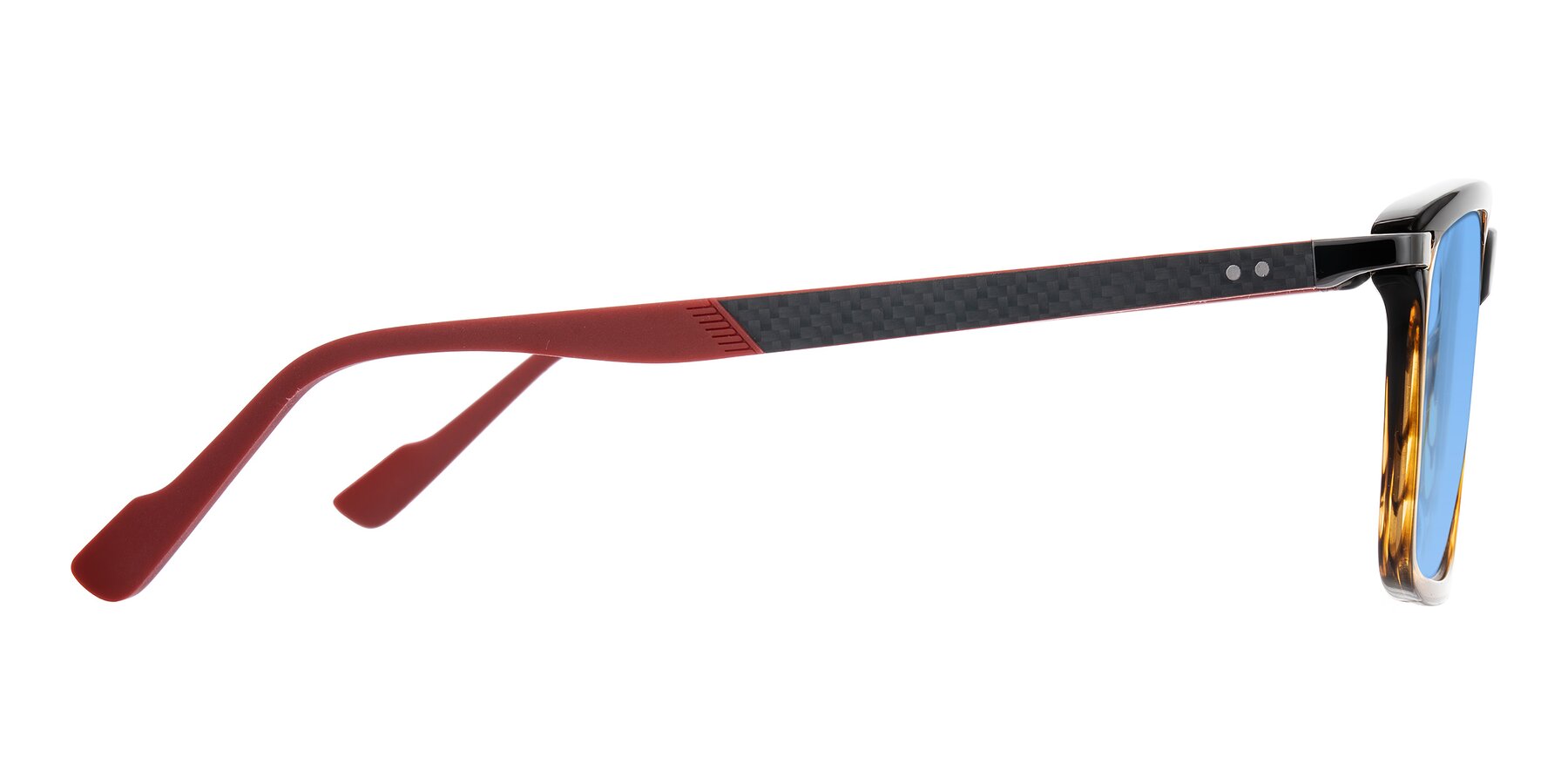 Side of Arleth in Gradient Brown Striped/Red with Medium Blue Tinted Lenses