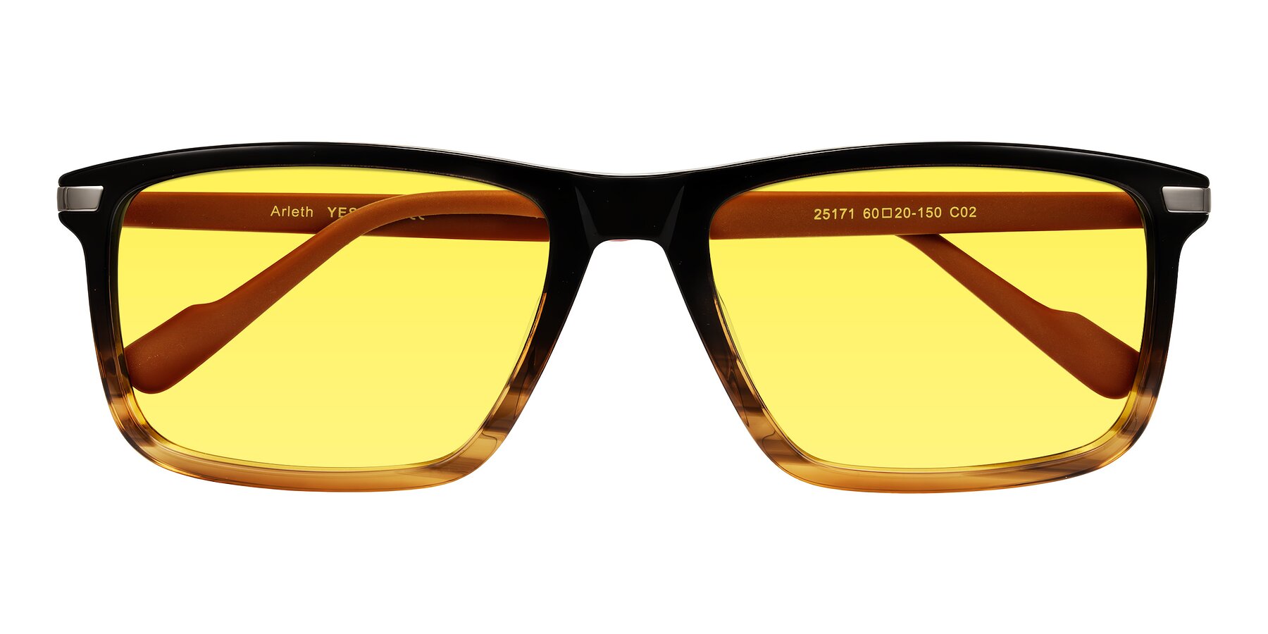 Folded Front of Arleth in Gradient Brown Striped/Red with Medium Yellow Tinted Lenses