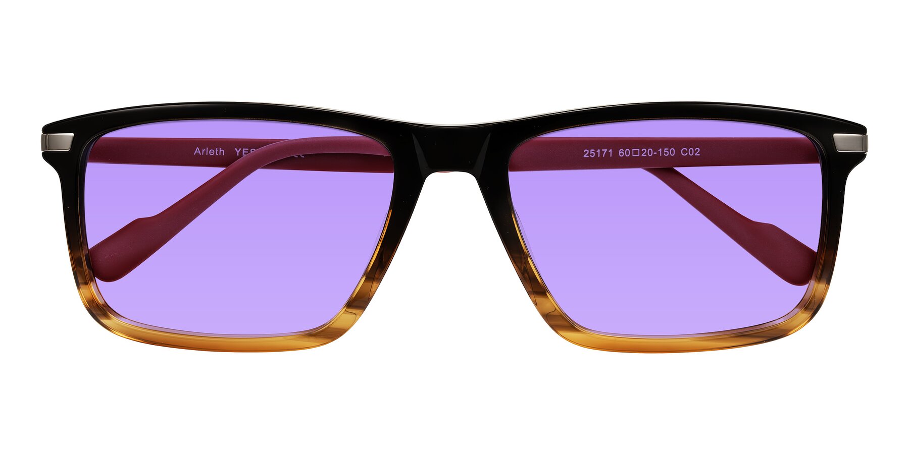 Folded Front of Arleth in Gradient Brown Striped/Red with Medium Purple Tinted Lenses