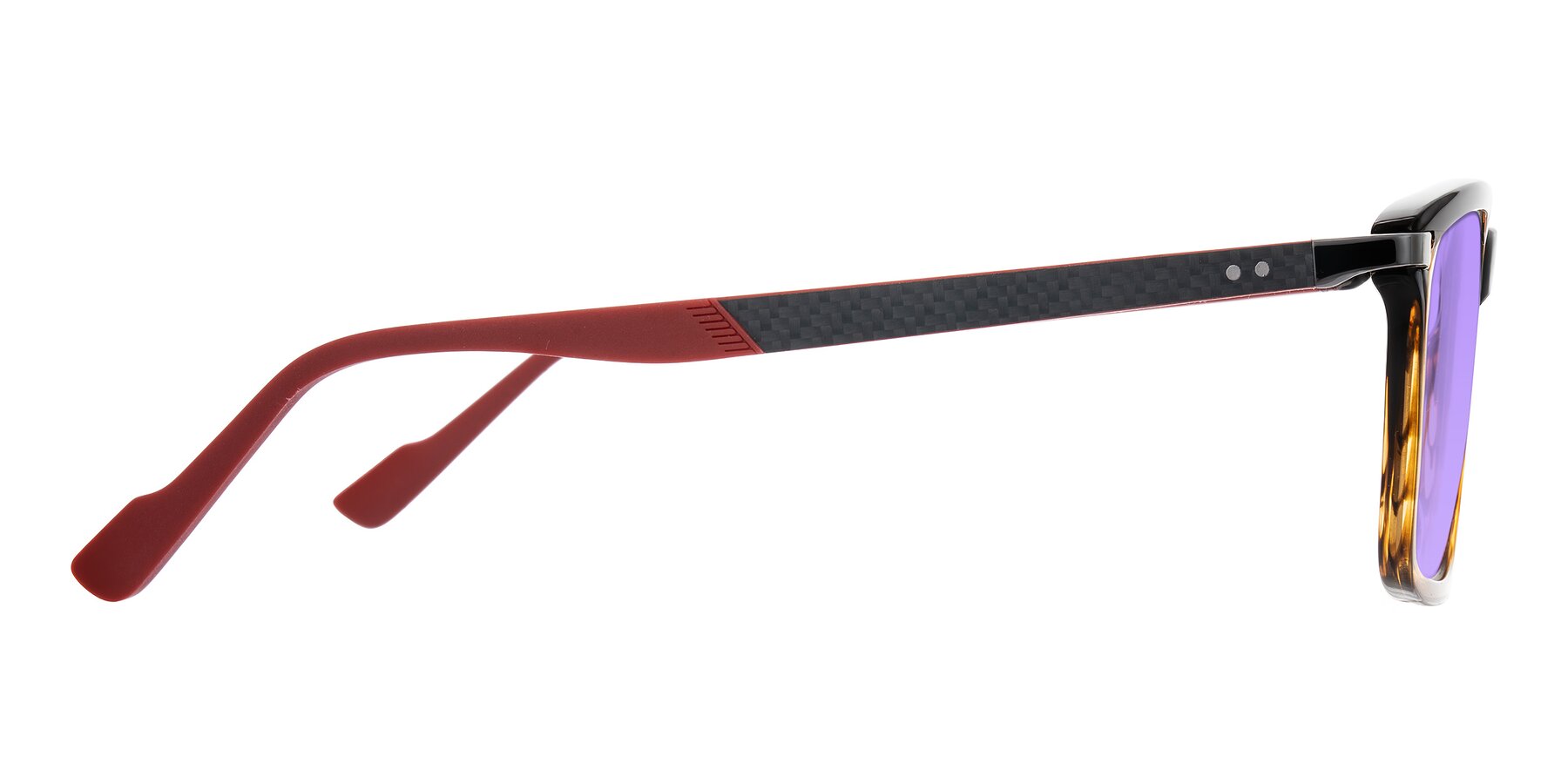 Side of Arleth in Gradient Brown Striped/Red with Medium Purple Tinted Lenses