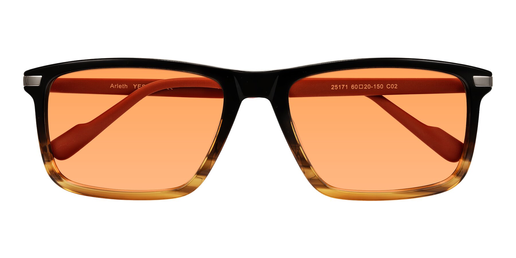 Folded Front of Arleth in Gradient Brown Striped/Red with Medium Orange Tinted Lenses